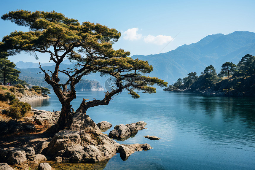 湖泊旁的大树树木图片