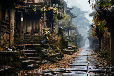 荒废废墟农村的石头街道背景