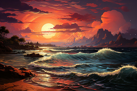 日落下的浪花海岸背景图片