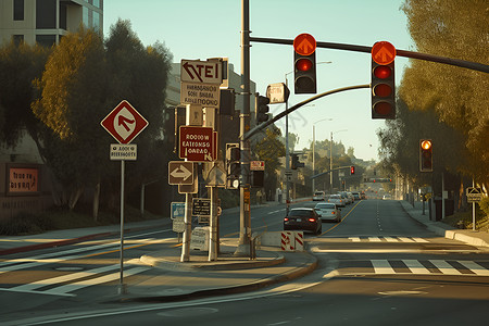 路口的交通标志和红绿灯高清图片