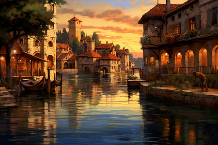 宁静小镇的河流背景图片