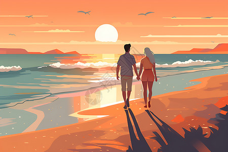 沙滩漫步沙滩上牵手漫步的情侣插画