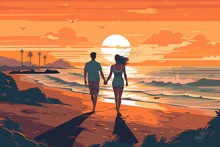 恋人牵手漫步沙滩背景图片