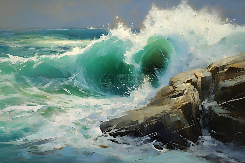 海浪拍击岸边的岩石图片