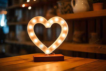 小木桌上台灯木桌上的心形背景