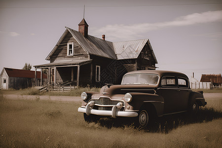 旧屋前的老车背景图片