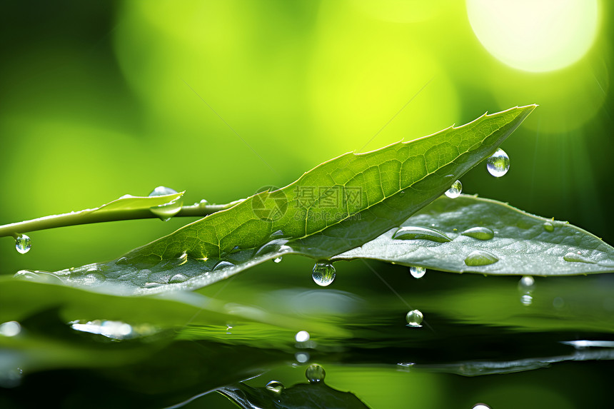 清晨的雨水打湿绿叶图片