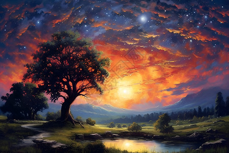 夜空下的美丽油画背景图片