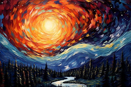 油画图案星空下的绚丽夜色插画