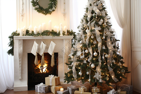 壁炉旁的圣诞树背景图片