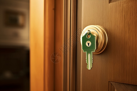 家门锁上的银色钥匙背景图片