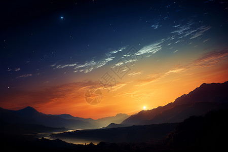 山脉背景下的日落与星空背景图片