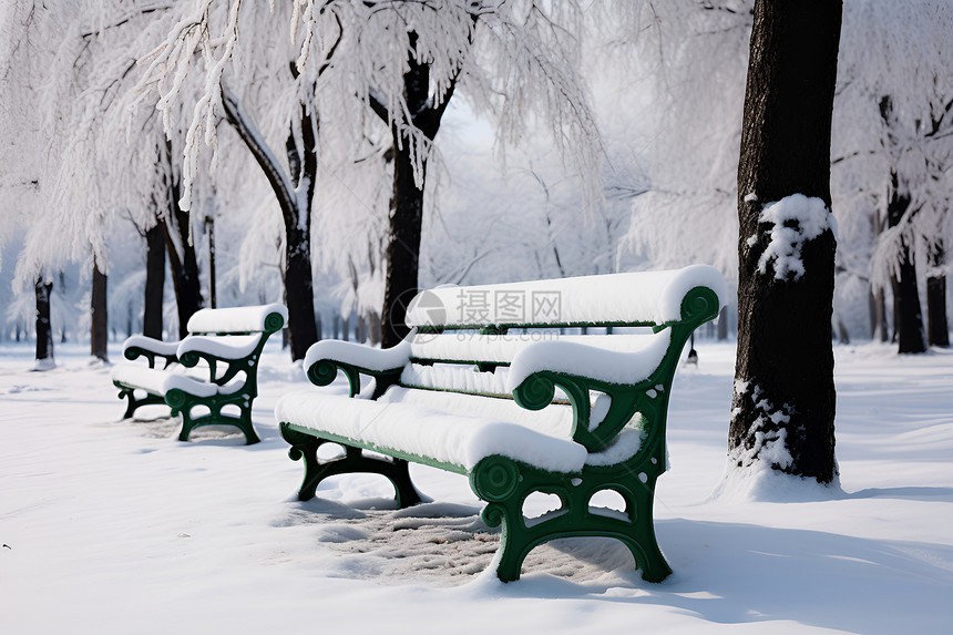 冬季雪后公园中的长椅图片