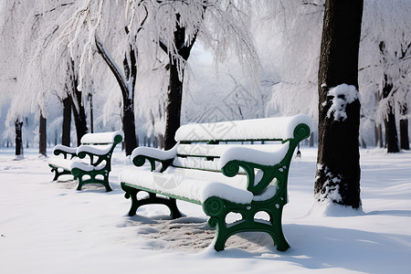 白色梦幻雪花冬季雪后公园中的长椅背景
