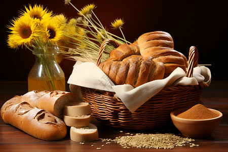 桌面上丰盛的全麦面包背景图片