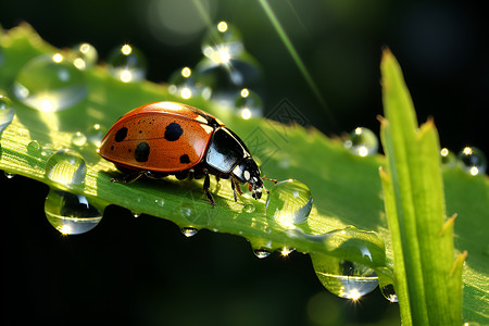 雨水二十四节气清晨绿叶上的七星瓢虫和露珠背景