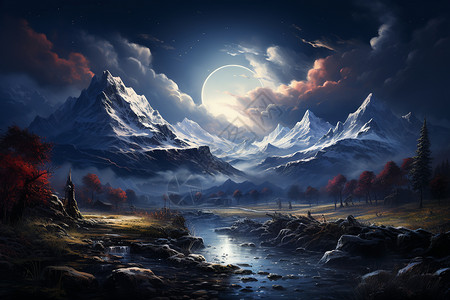 山脉上的巨大月亮背景图片