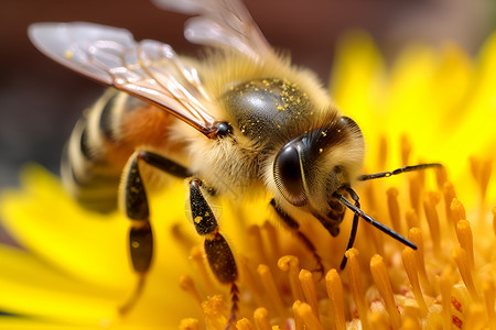 蜜蜂采集花蜜的细腻景象背景图片