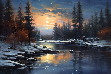 夜色河边的冬季美景背景图片
