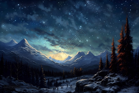 沐浴在星光下的雪山仙境高清图片