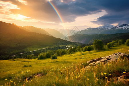双彩虹户外山坡上壮观的山脉背景