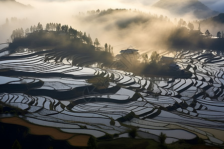 上堡梯田山坡上的稻田背景