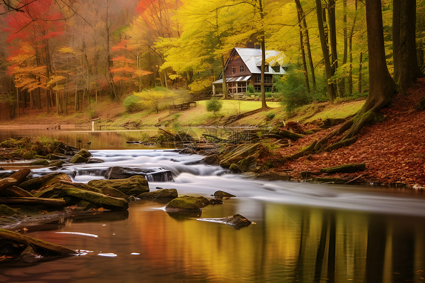 秋色流溢之林间溪流图片