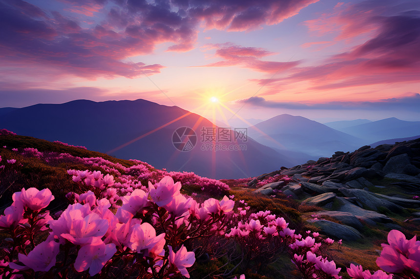 日落时分粉色的花海图片