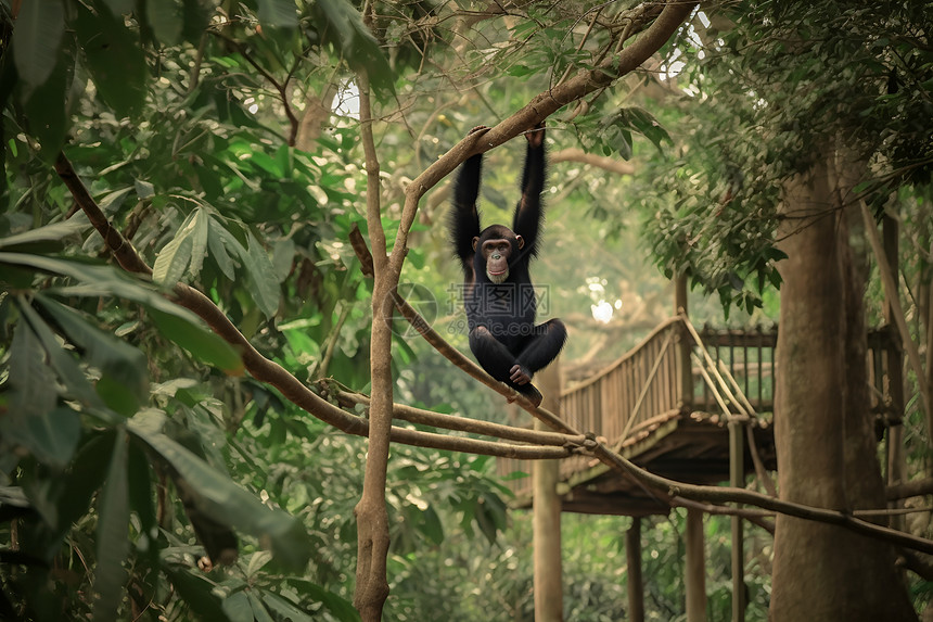 黑猩猩悬挂在一棵树上图片