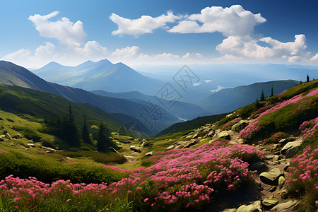 山坡上盛开的粉红花朵云背景图片