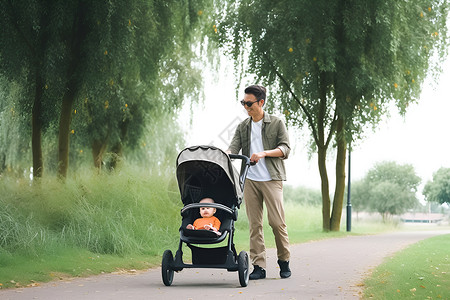 男人推着婴儿车散步背景图片