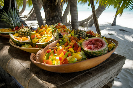 热带岛屿的新鲜水果背景图片