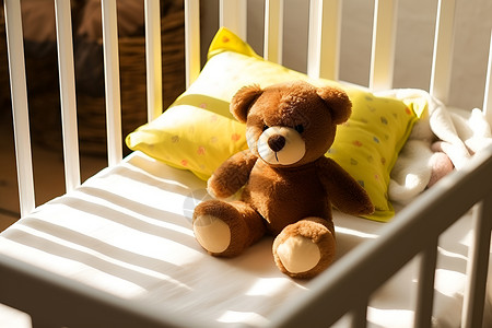 婴儿床上的泰迪熊背景图片