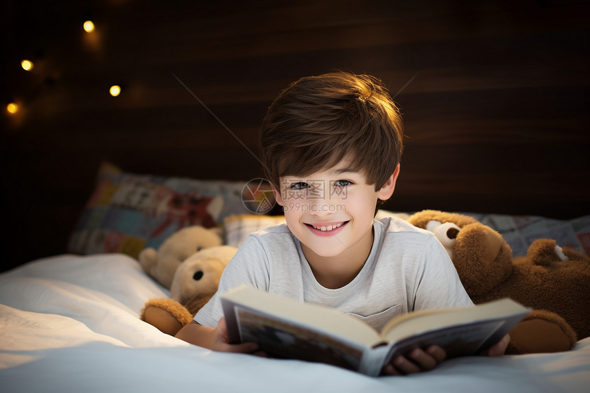 可爱男孩在床上阅读图片