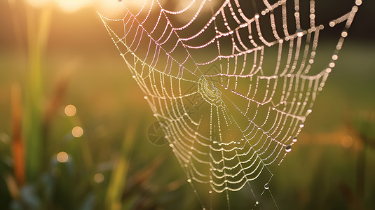 蜘蛛网带水珠草地上的蛛网背景