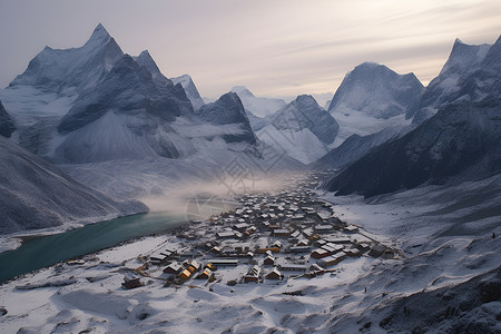 雪山中的村庄和湖泊背景图片