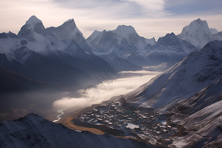 徒步旅行的喜马拉雅山脉景观背景图片