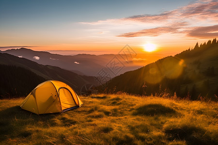 户外山谷中的露营帐篷背景图片