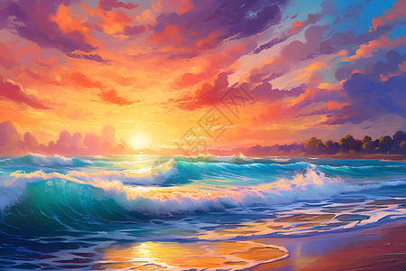 夕阳下的风景夕阳下海滩插画