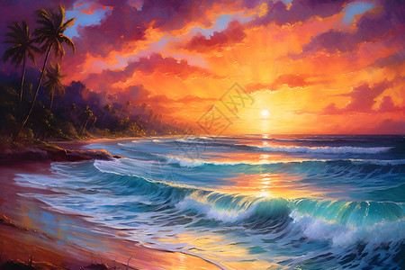夕阳下海滩的奇幻之旅背景图片