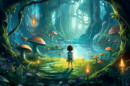 小孩探索奇幻森林中的探险少女插画