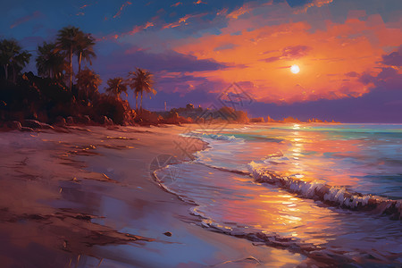 夕阳余晖下的海滩油画背景图片