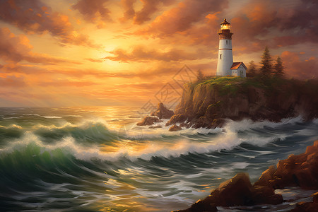 海边灯塔的浪漫时刻背景图片