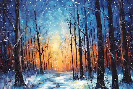 星光璀璨的冬日森林高清图片