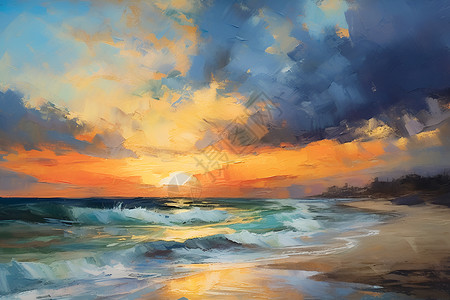 夕阳辉映下的海滩波涛拍岸背景图片