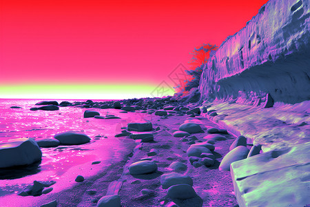 热像仪日出岩石海岸线的美丽景观设计图片