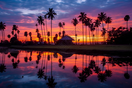 夕阳下棕榈树湖泊景观背景图片