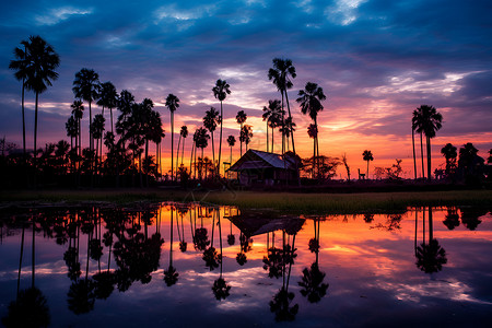 夕阳倒映着棕榈树的湖泊景观背景图片