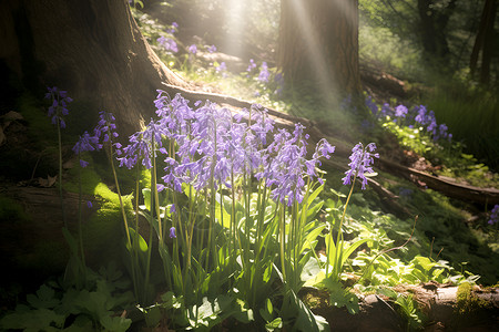 森林中一束紫色花朵背景图片