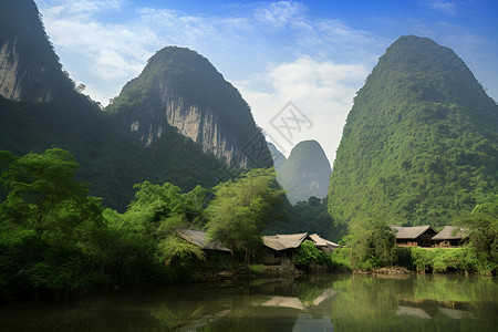 江边山岭房屋背景图片